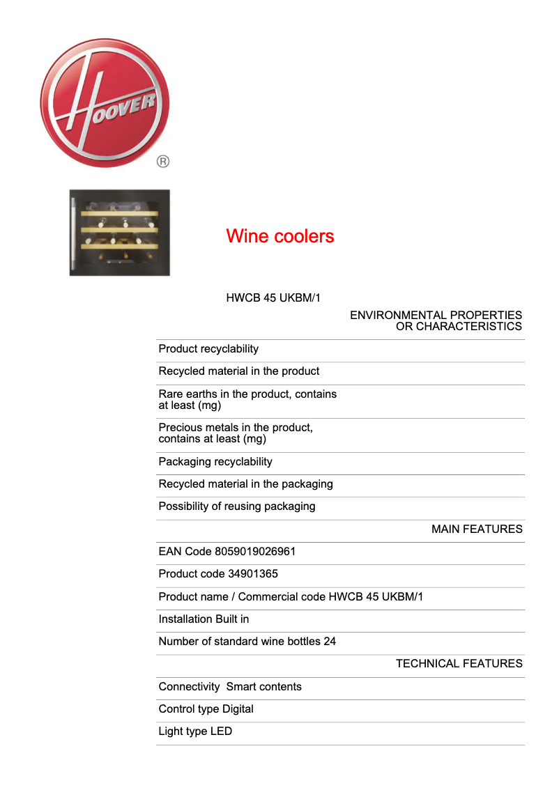 Page 1 of the manual Technical Sheet Hoover HWCB 45 UKBM/1