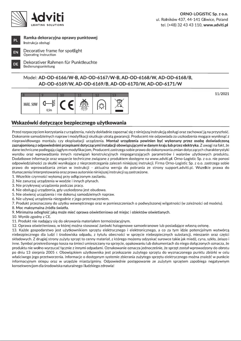 Page n°1 - Manuel utilisateur Adviti AD-OD-6170/W
