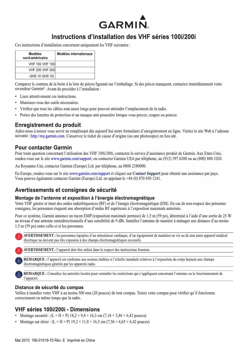 Page n°1 - Guide d'installation Garmin VHF 100