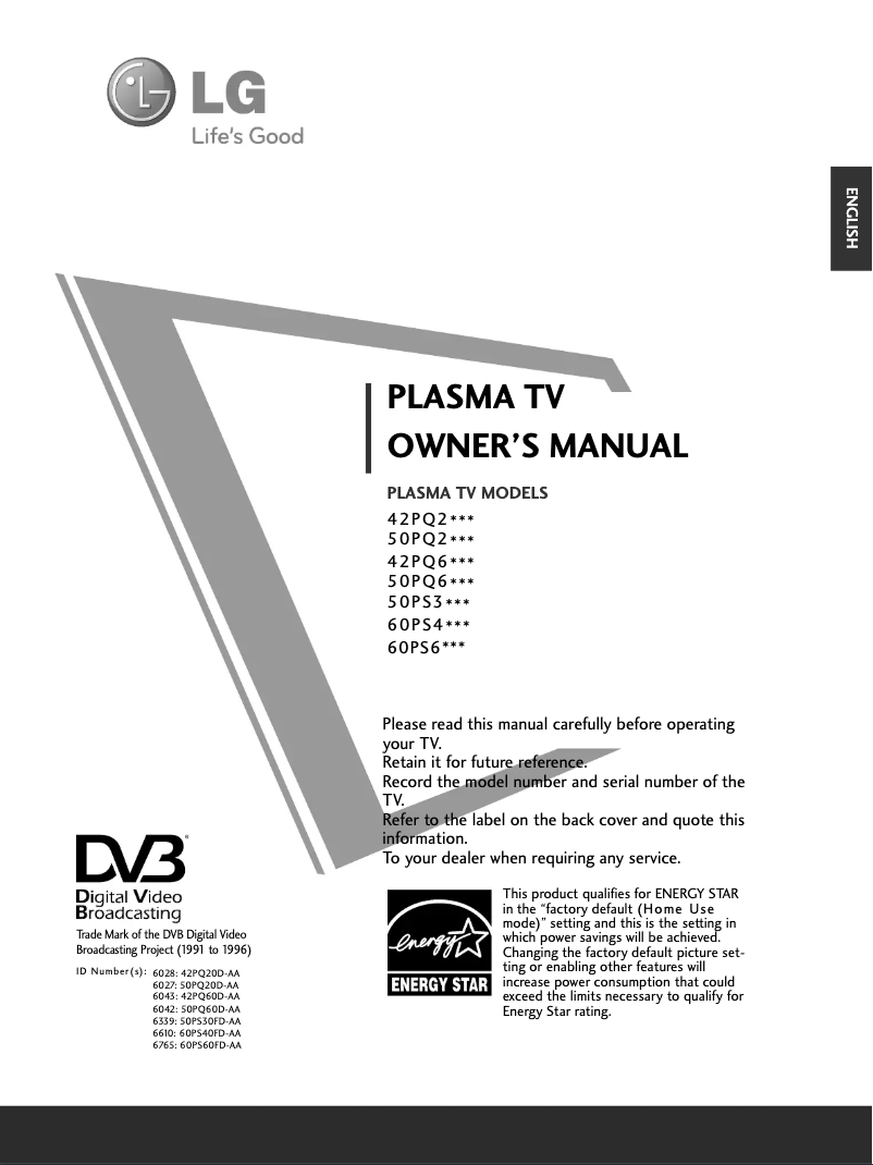 First page image of the manual for 42PQ20D