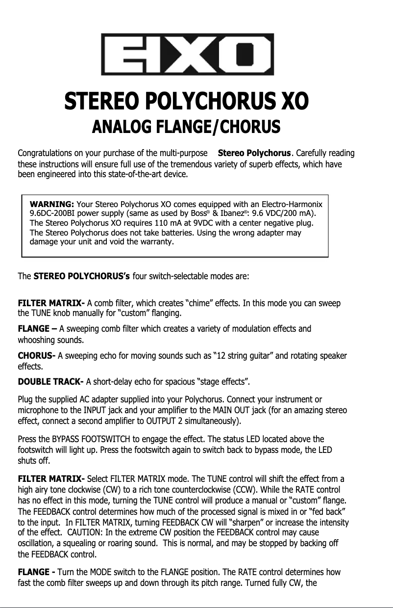 Page 1 de la notice Manuel utilisateur Electro Harmonix Stereo Polychorus