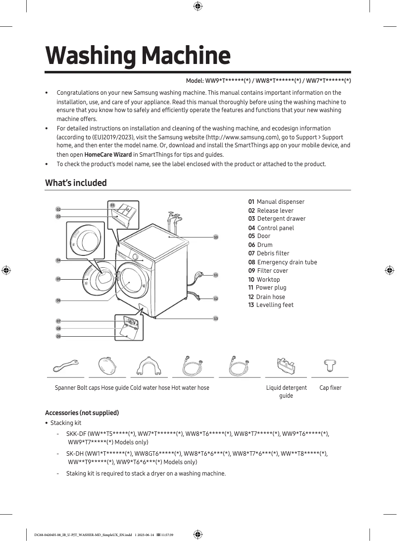 Page 1 de la notice Guide de démarrage rapide Samsung WW90T554DAE