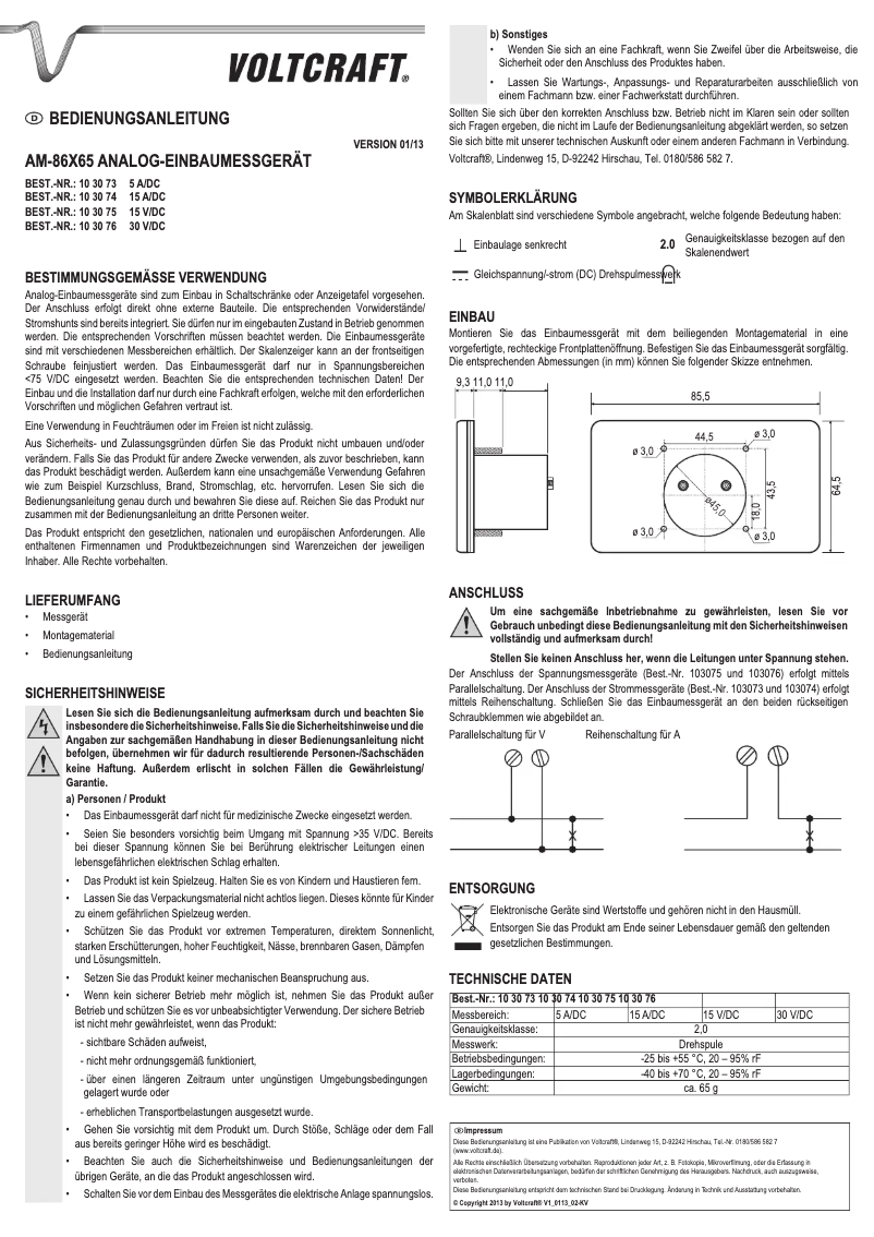 Page 1 de la notice Manuel utilisateur Voltcraft AM-86X65