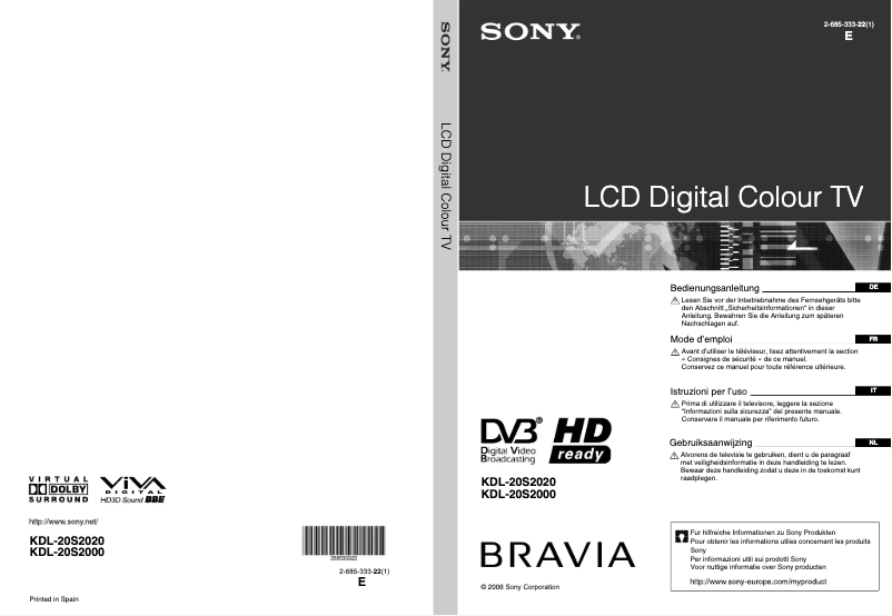 Page 1 de la notice Manuel utilisateur Sony Bravia KDL-20S2000