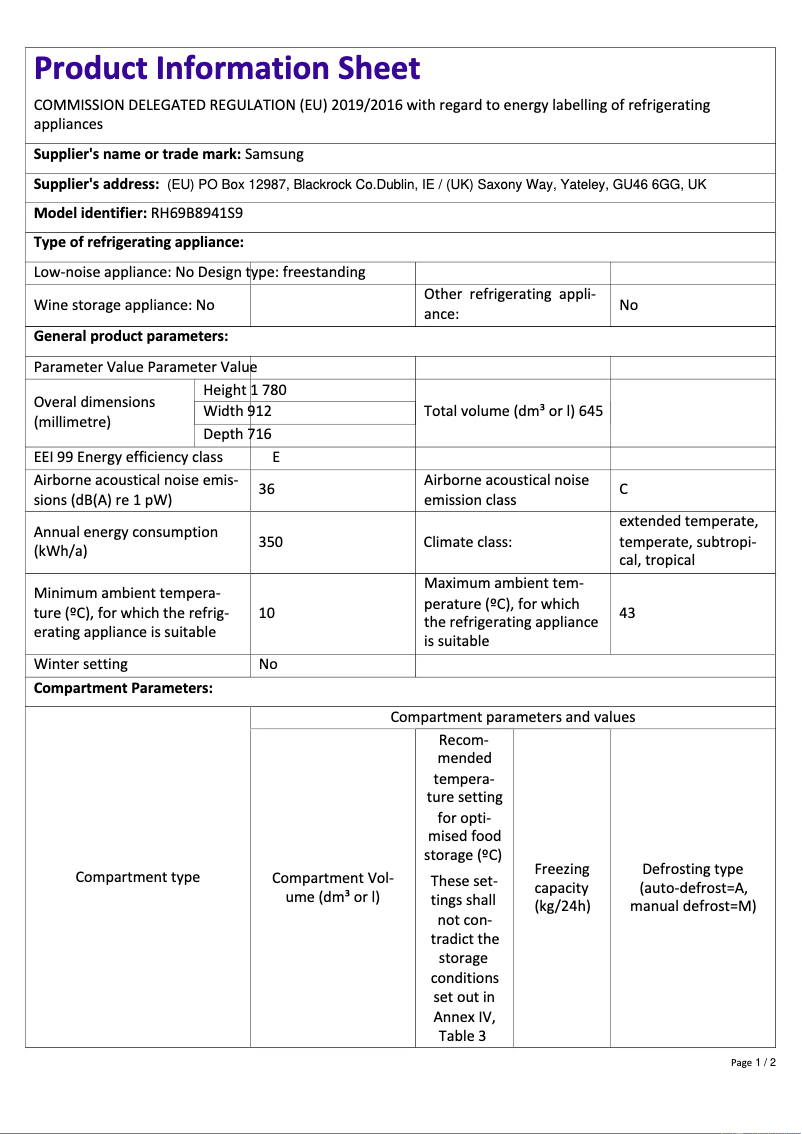 Page 1 de la notice Fiche technique Samsung RH69B8941S9