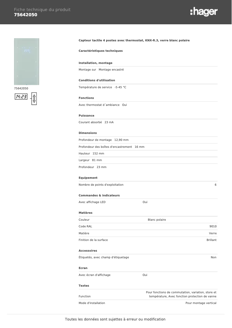 Página 1 del manual Ficha técnica Hager 75642050