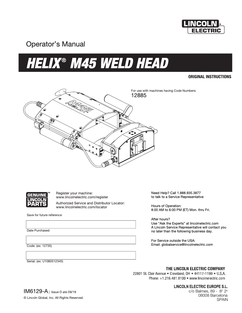 Page 1 de la notice Manuel utilisateur Lincoln Electric HELIX M45 Weld Head