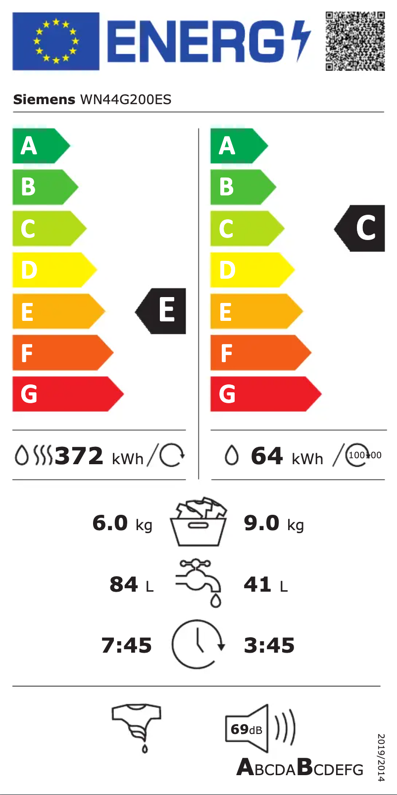 Page n°1 - Label énergétique Siemens WN44G200ES