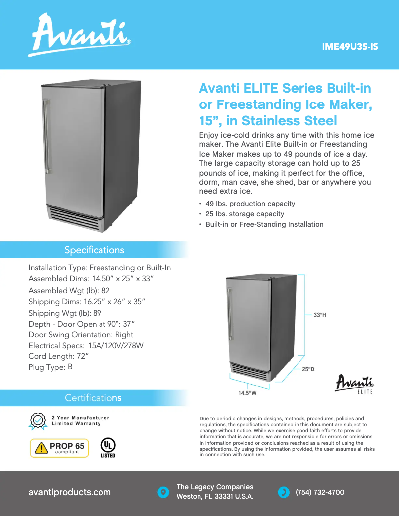 Page 1 de la notice Fiche technique Avanti IME49U3S-IS