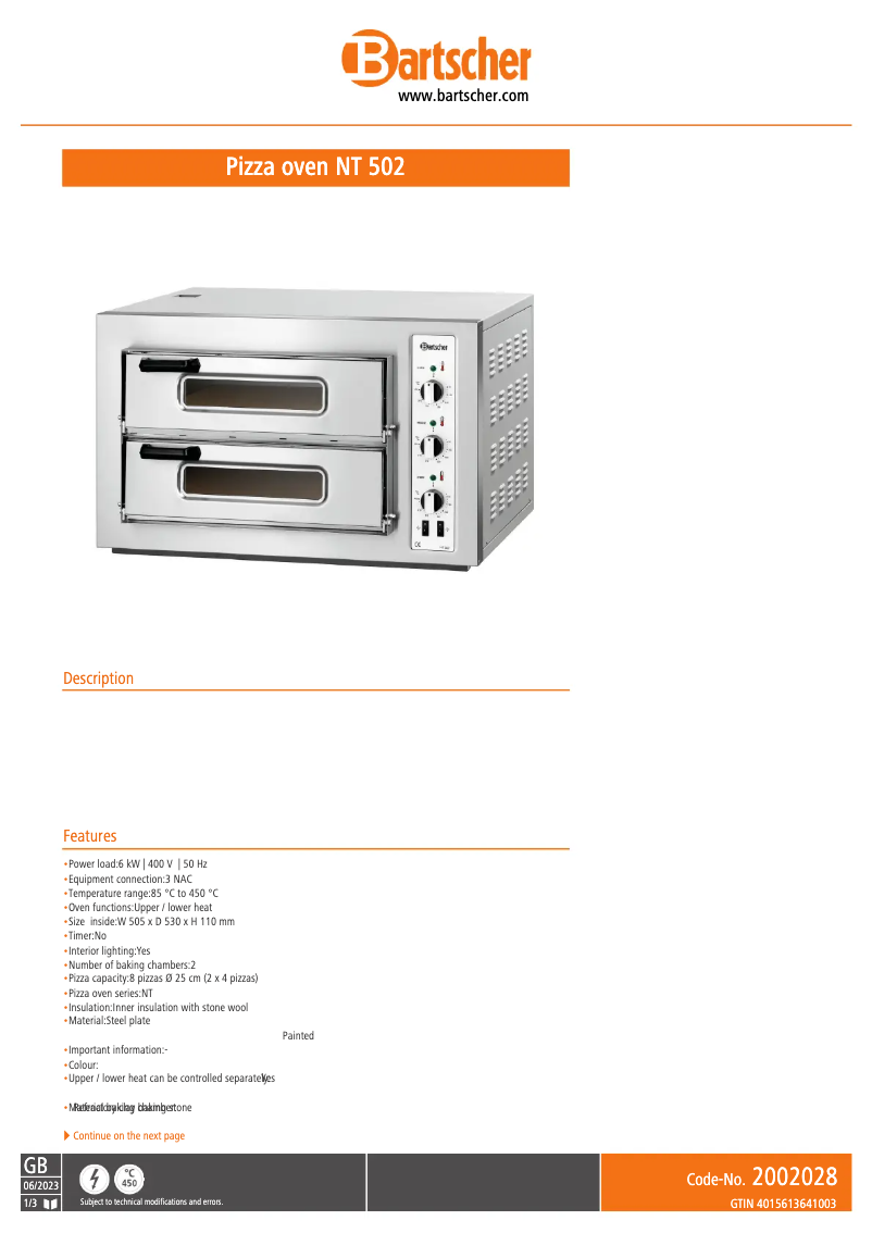 Page n°1 - Fiche technique Bartscher NT 502