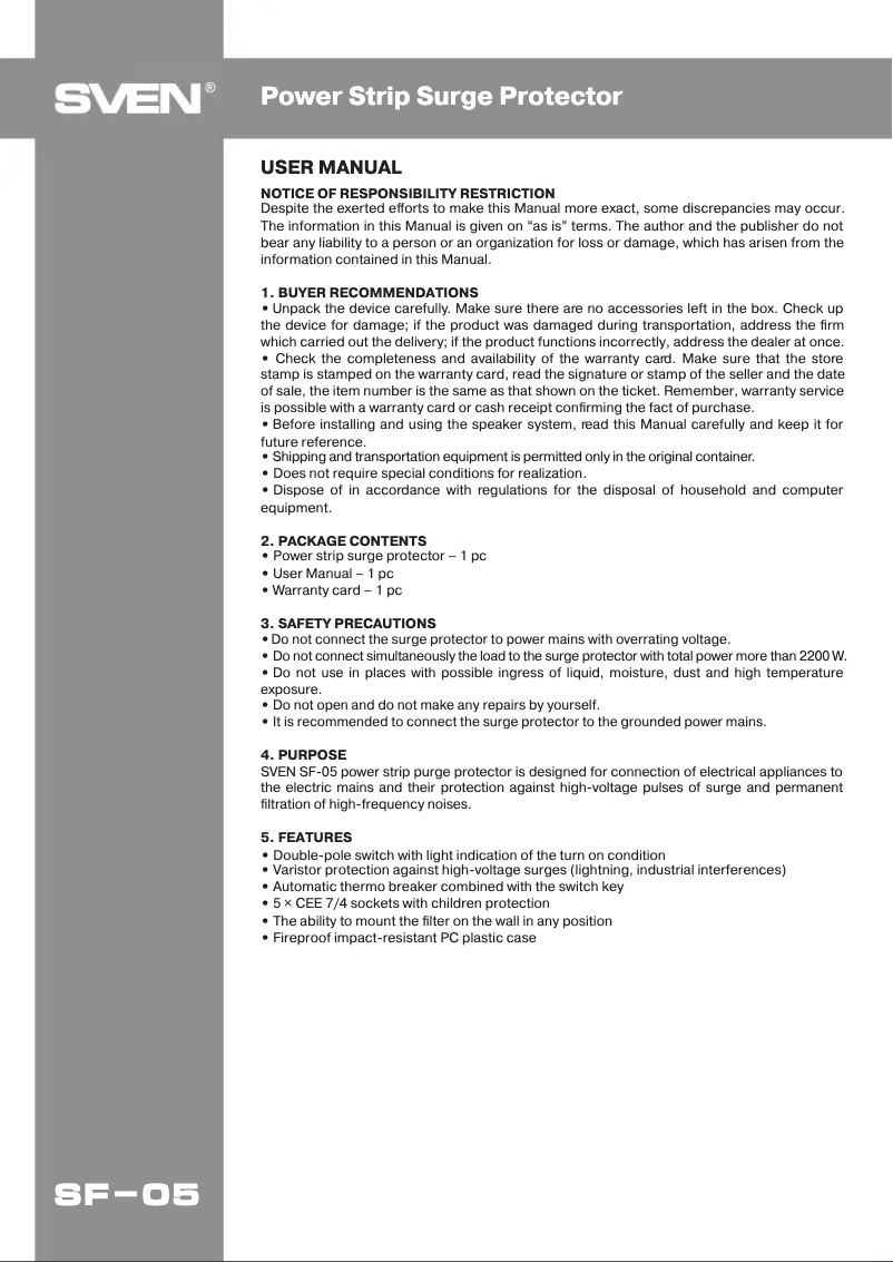 Page 1 de la notice Manuel utilisateur Sven SF-05