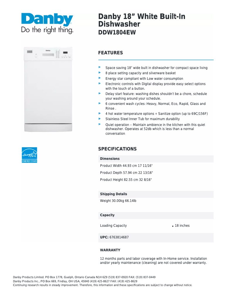 Page 1 de la notice Fiche technique Danby DDW1804EW
