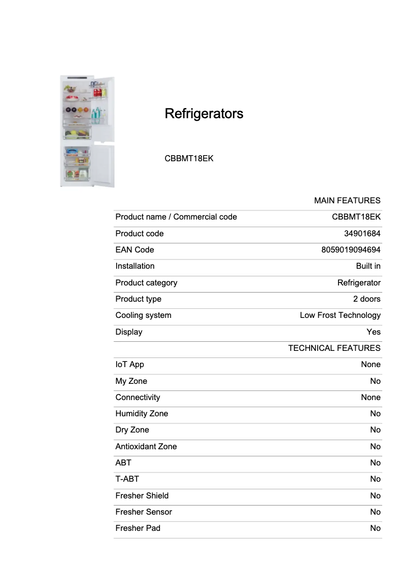 Page 1 de la notice Fiche technique Candy CBBMT18EK