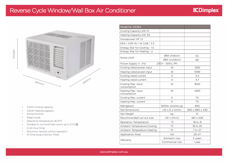 Página 1 del manual Ficha técnica Dimplex DCB14