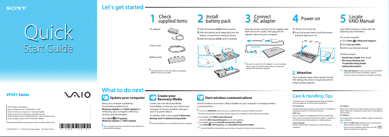 Page 1 de la notice Guide d'installation Sony Vaio VPCF130FD