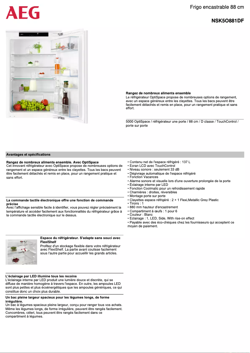 Page 1 de la notice Fiche technique AEG NSK5O881DF