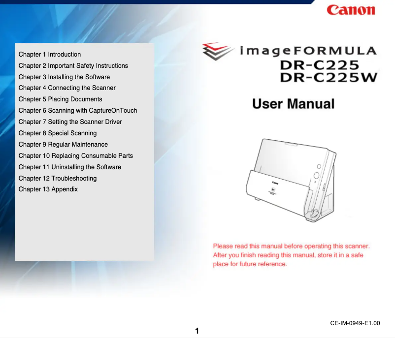 Page 1 de la notice Manuel utilisateur Canon ImageFormula DR-C225W