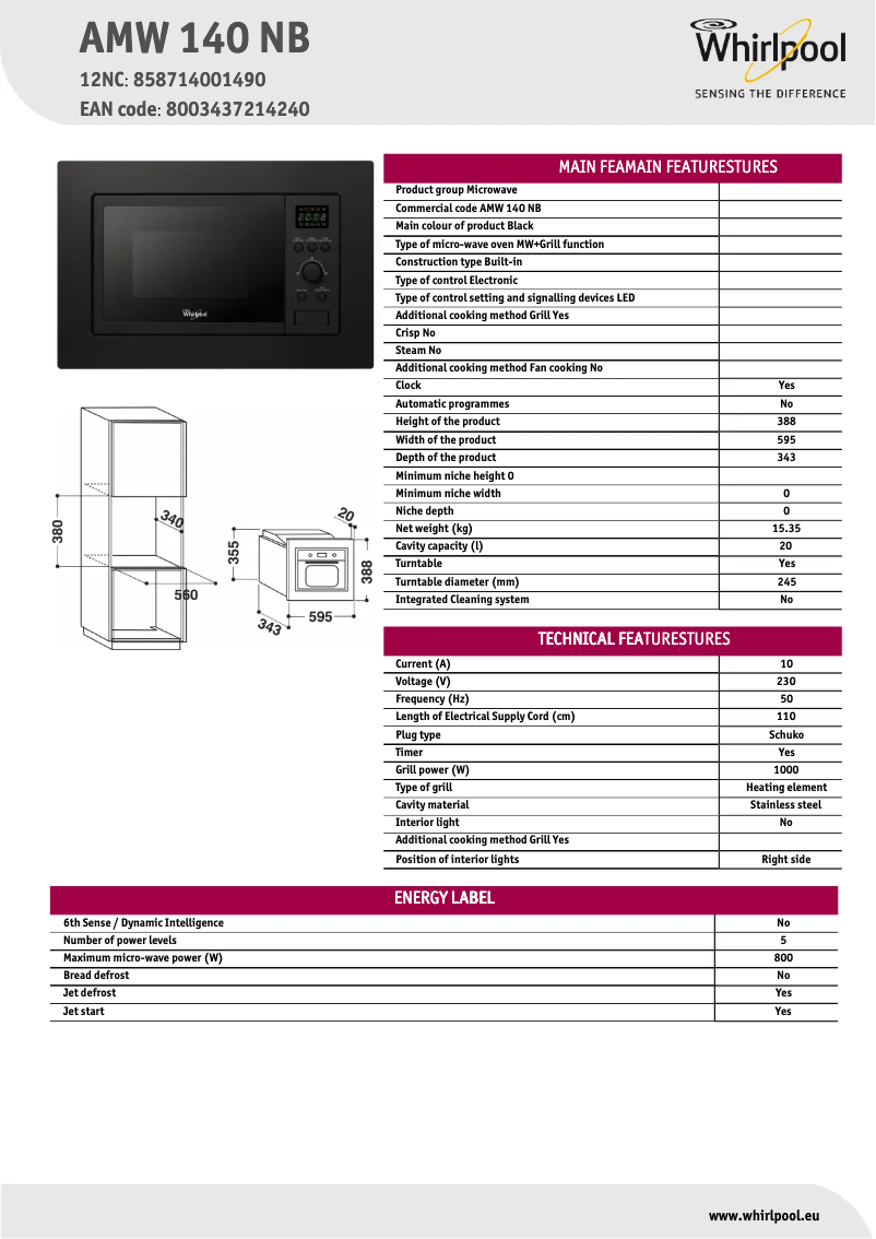 Image de la première page du manuel de l'appareil AMW 140 NB