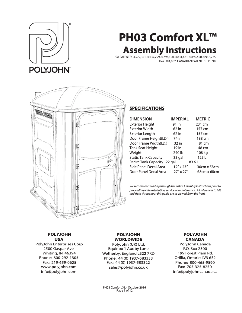 Page n°1 - Manuel utilisateur PolyJohn PH03-1000