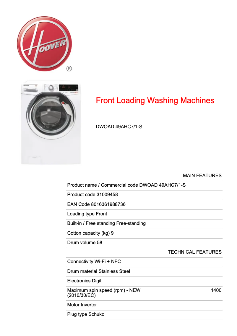 Página 1 del manual Ficha técnica Hoover DWOAD 49AHC7/1-S