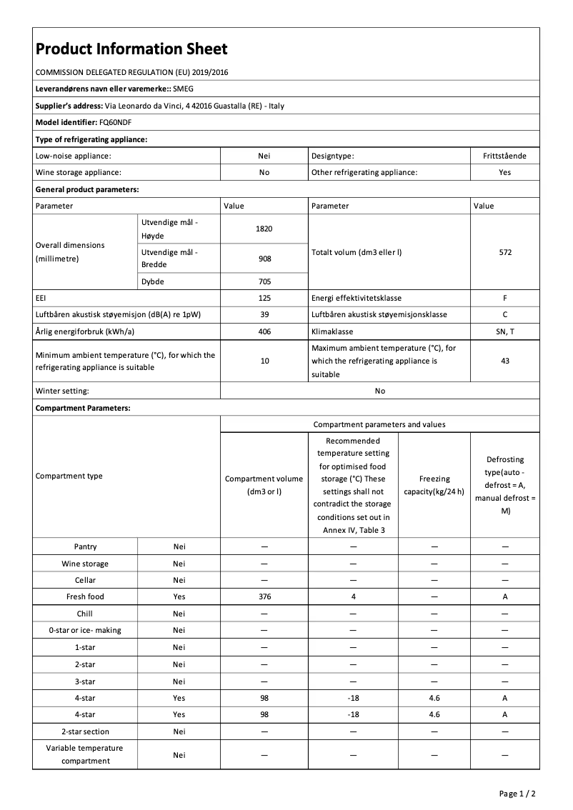 Page n°1 - Fiche technique Smeg FQ60NDF