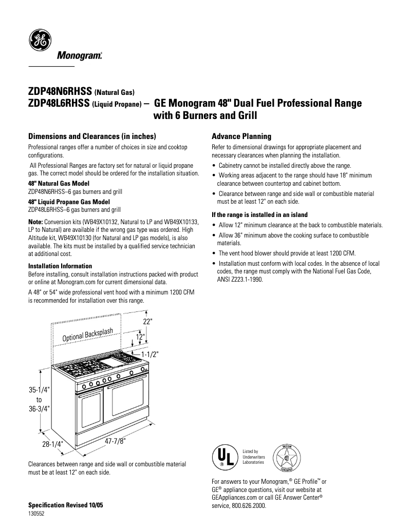 Page n°1 - Fiche technique GE ZDP48L6RHSS
