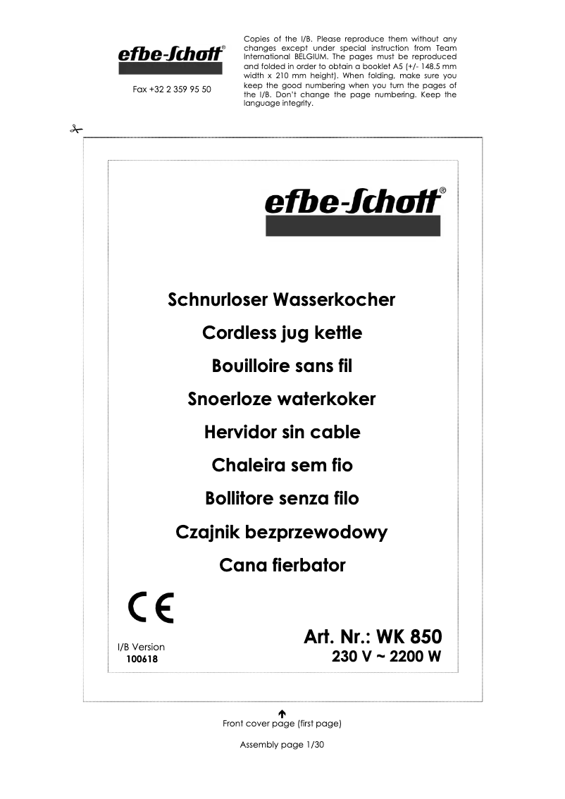 Page 1 de la notice Manuel utilisateur Efbe-Schott WK 850