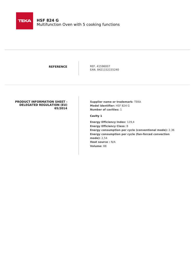 Page 1 de la notice Fiche technique Teka HSF 824