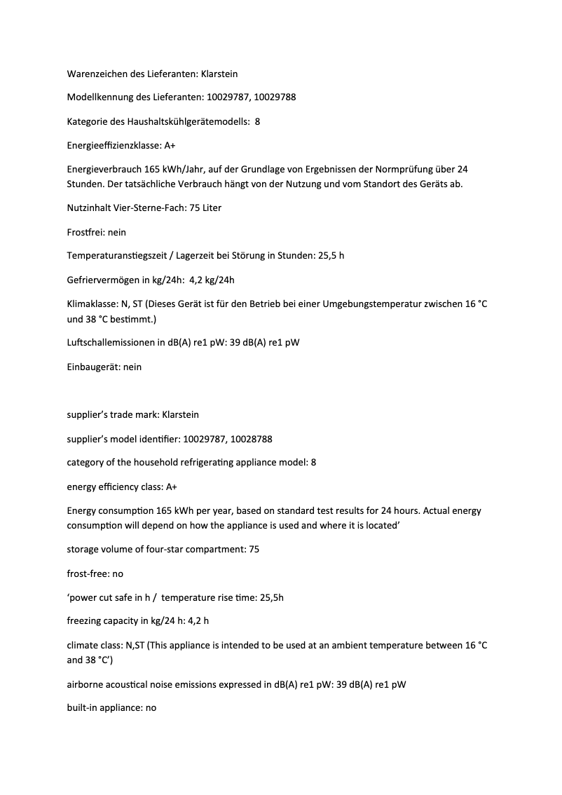 Page 1 de la notice Fiche technique Klarstein Garfield XL