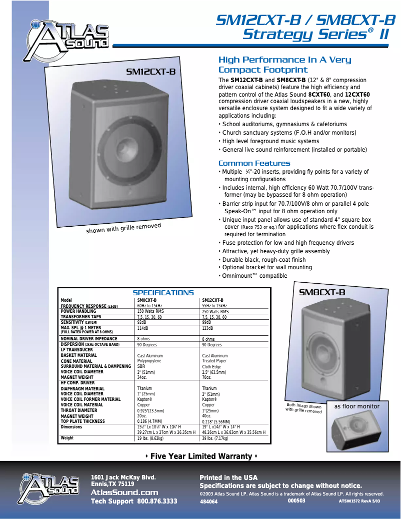 Page 1 de la notice Brochure Atlas Sound SM8SUB70