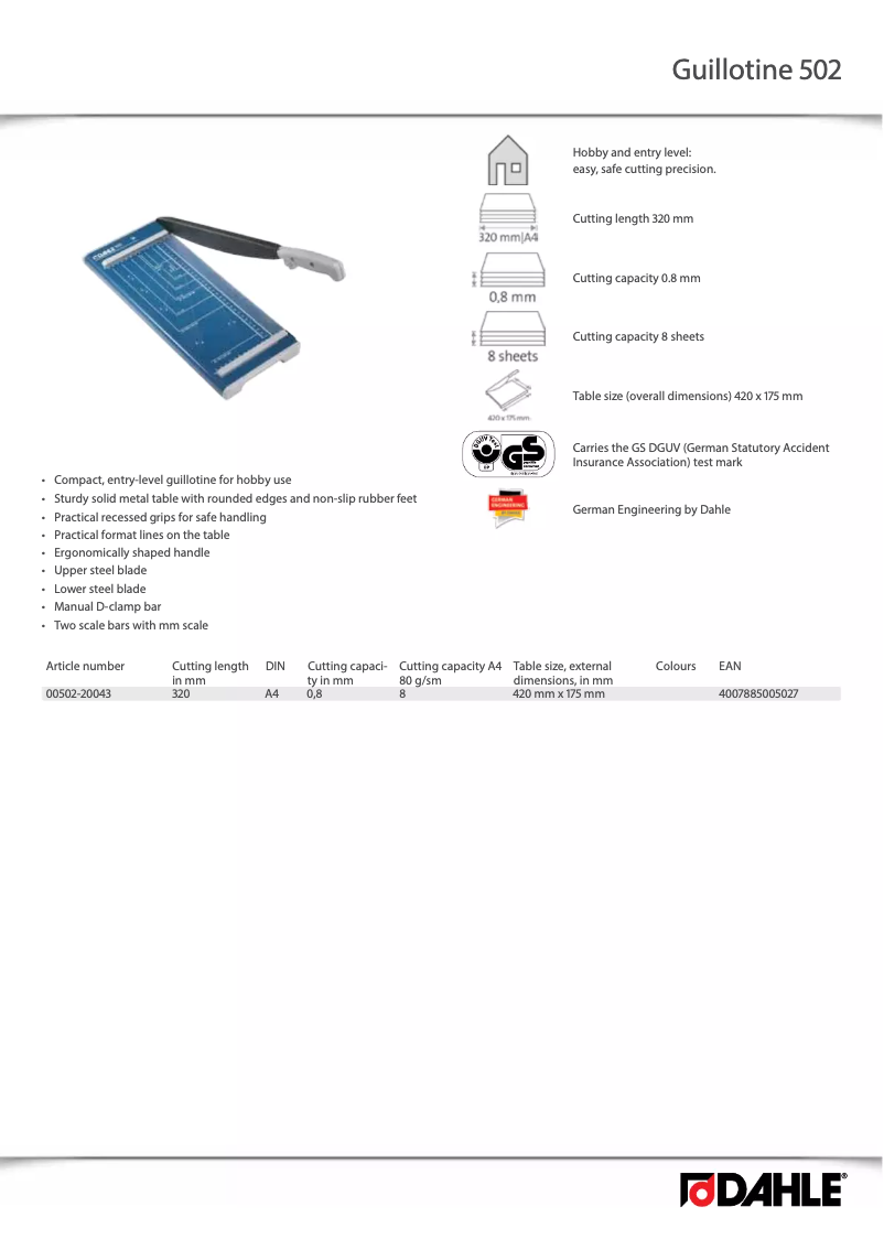 Page 1 de la notice Manuel utilisateur Dahle Guillotine 502