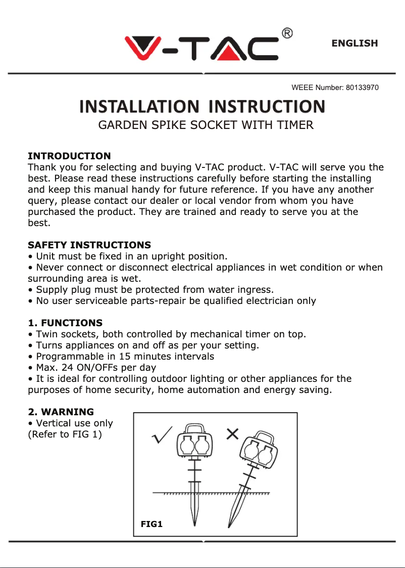 Page 1 de la notice Manuel utilisateur V-TAC VT-1112-3