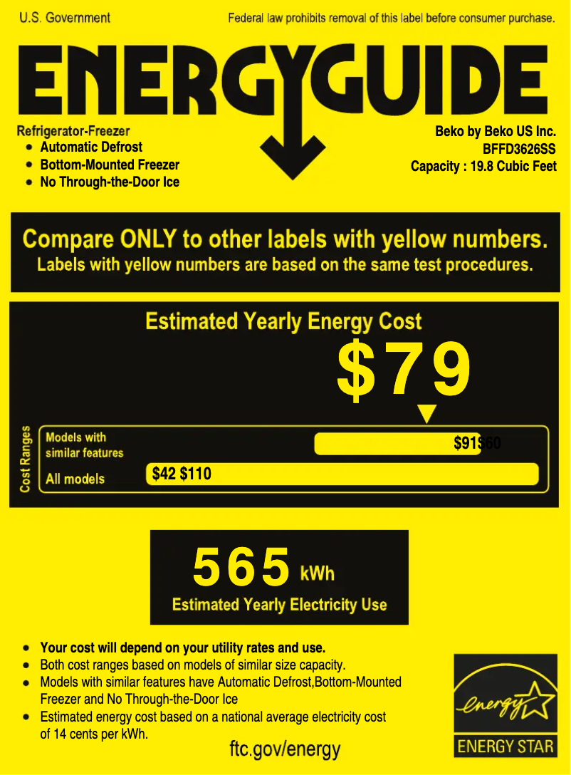 Page 1 de la notice Label énergétique Beko BFFD3626SS