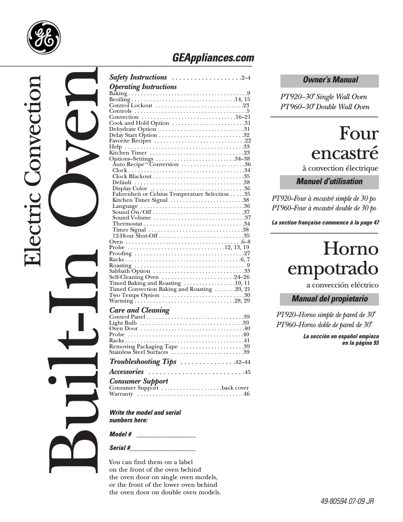 Page n°1 - Manuel d'utilisation et d'entretien GE Profile PT920DPBB