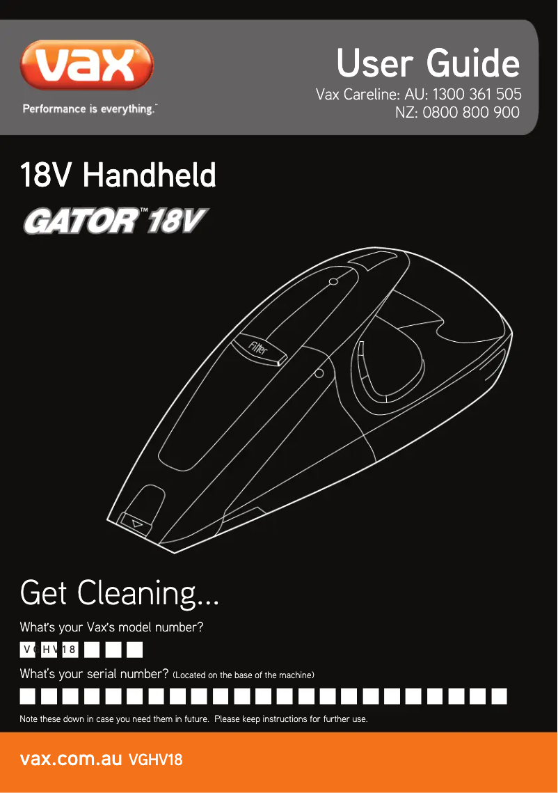 Image de la première page du manuel de l'appareil Gator 18V VGHV18