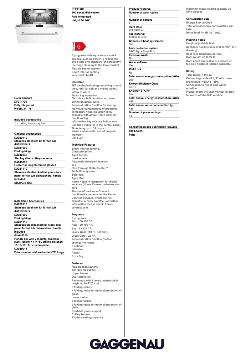 Page 1 de la notice Fiche technique Gaggenau DF211700