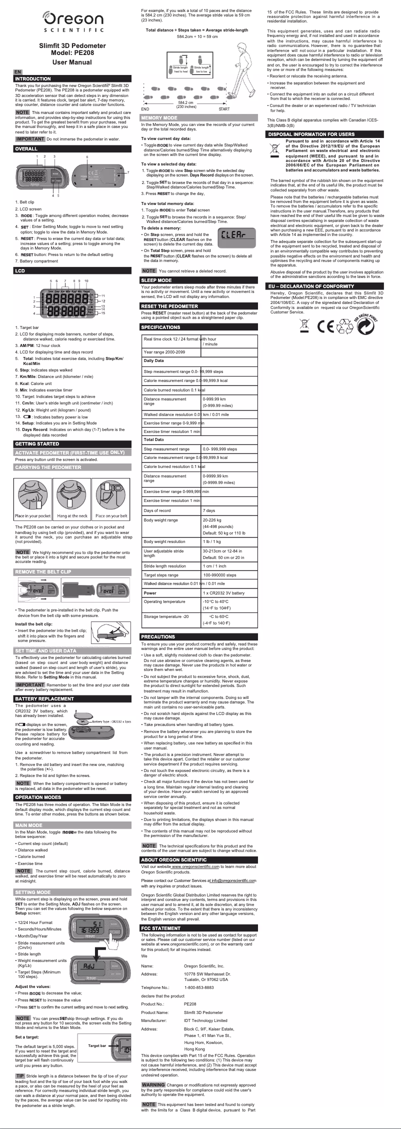 Page 1 de la notice Manuel utilisateur Oregon Scientific PE208