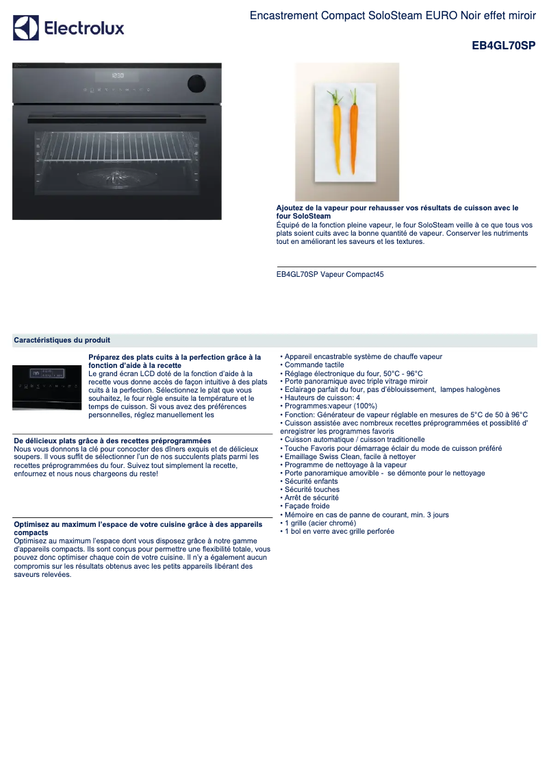 Page 1 de la notice Fiche technique Electrolux EB4GL70SP