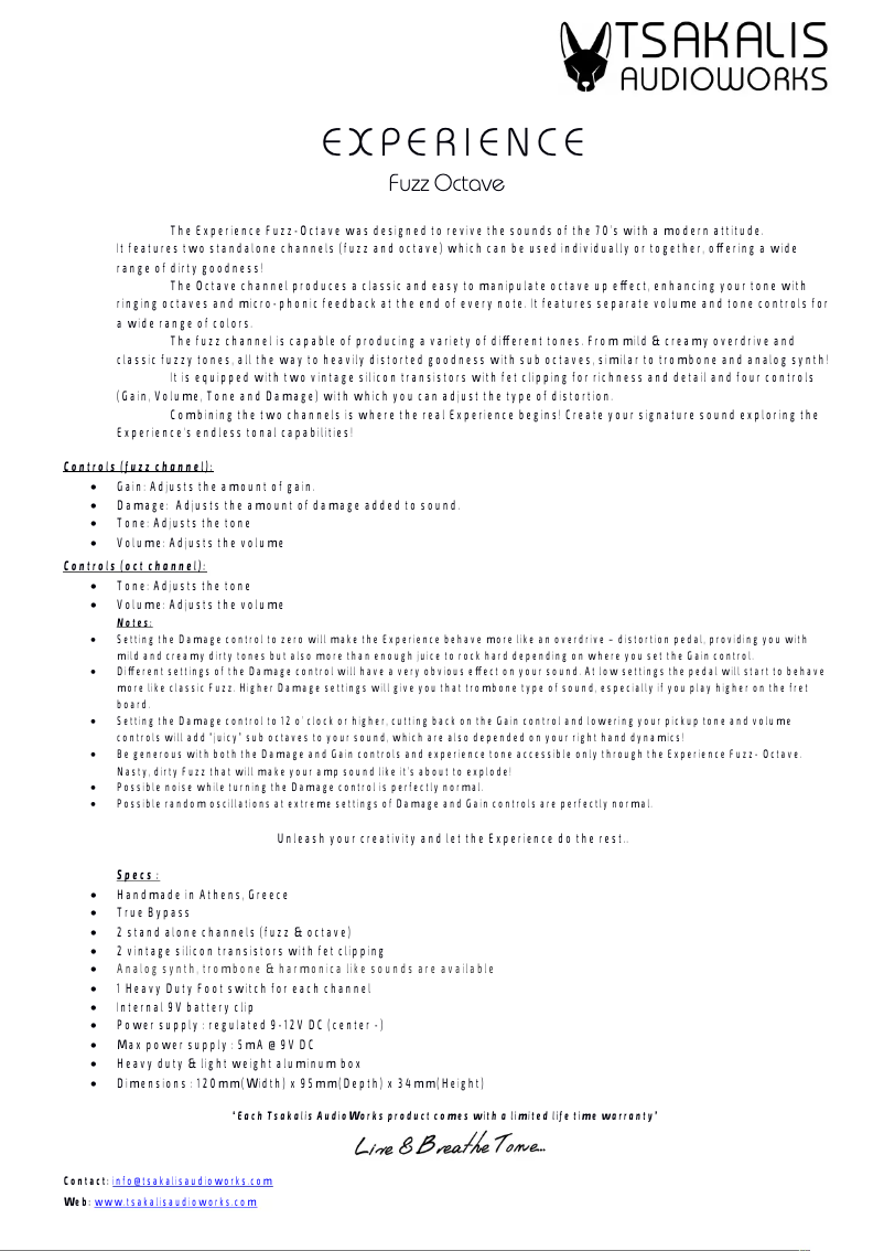 Page 1 de la notice Manuel utilisateur Tsakalis AudioWorks Experience 70's