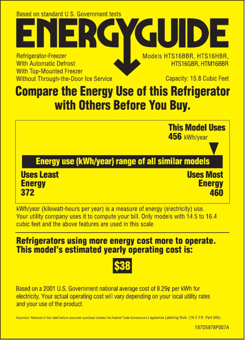 Page 1 de la notice Label énergétique Hotpoint HTS16BBRLWW
