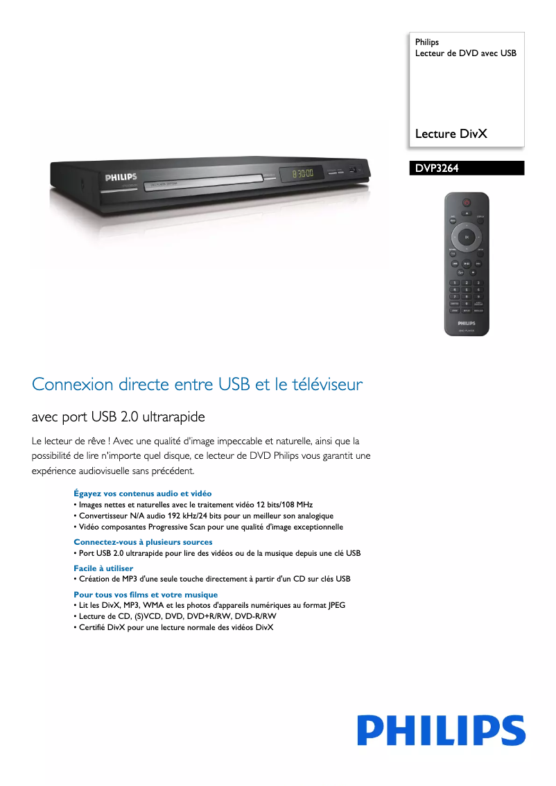Page 1 de la notice Fiche technique Philips DVP3264