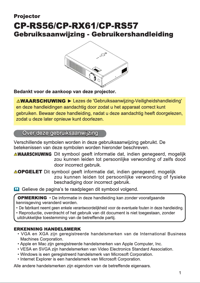 Page 1 de la notice Manuel utilisateur Hitachi CP-RS57W