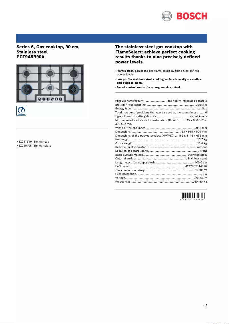 Página 1 del manual Ficha técnica Bosch PCT9A5B90A