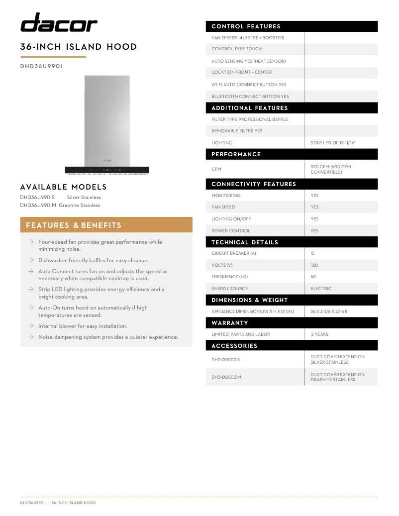 Page 1 de la notice Fiche technique Dacor DHD36U990IM