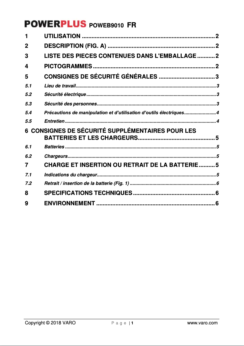 Page 1 de la notice Manuel utilisateur PowerPlus POWEB9010