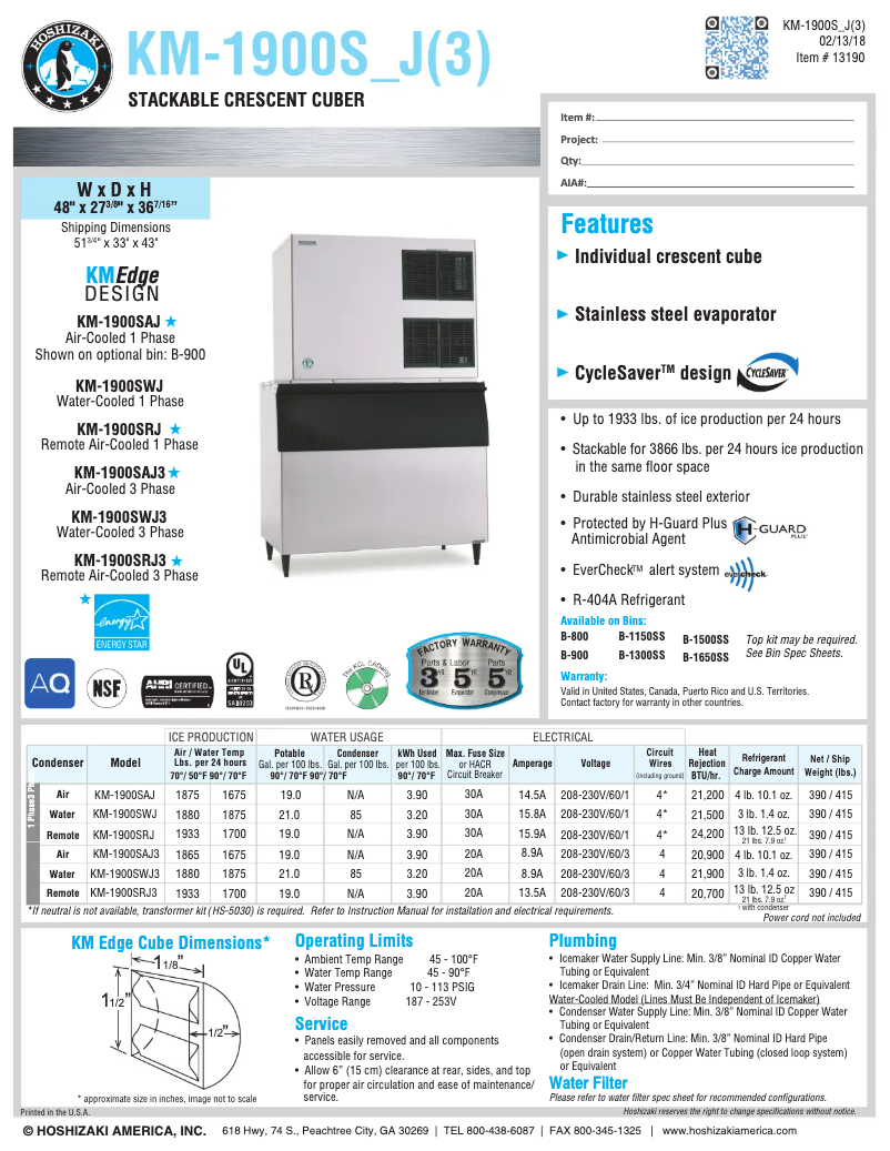Page 1 de la notice Fiche technique Hoshizaki KM-1900SAH
