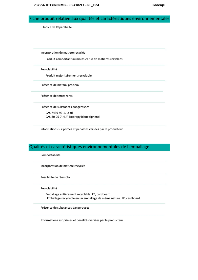 Page 1 de la notice Fiche technique Gorenje RBI4182E1