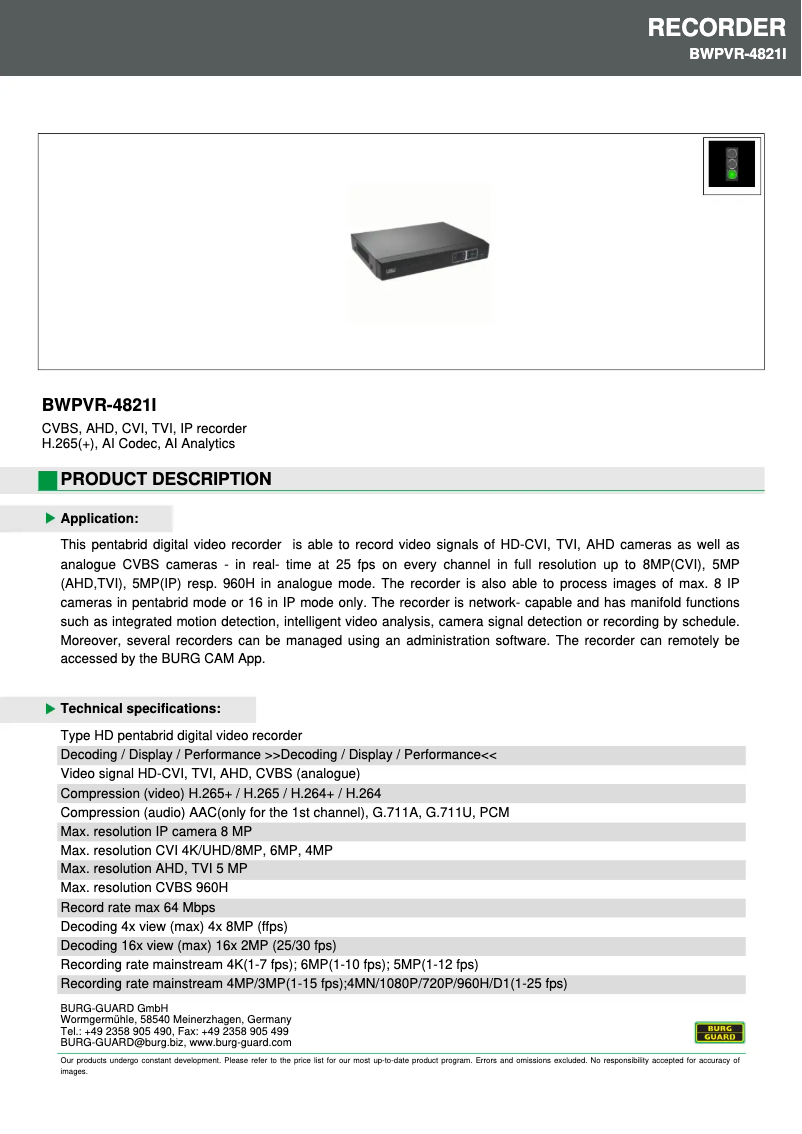 Image de la première page du manuel de l'appareil BWPVR-4821i