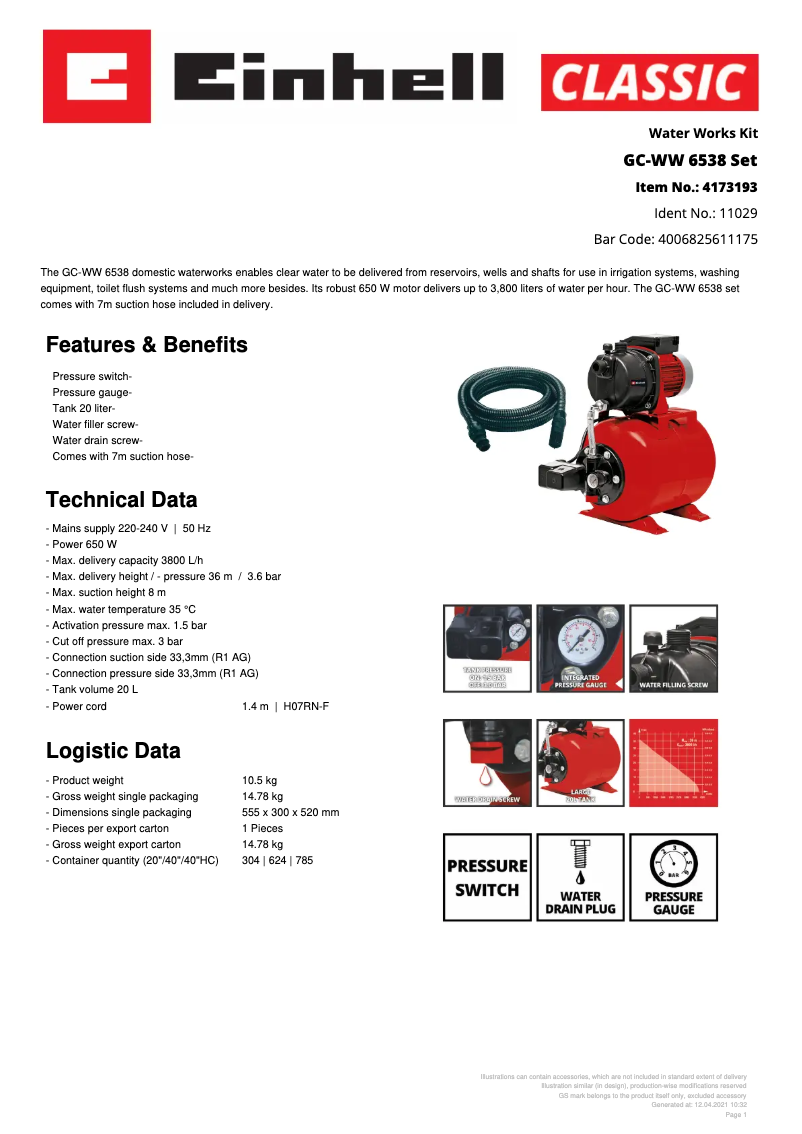 Page 1 de la notice Fiche technique Einhell GC-WW 6538 SET