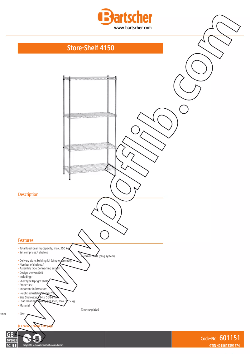 Página 1 del manual Ficha técnica Bartscher 601151